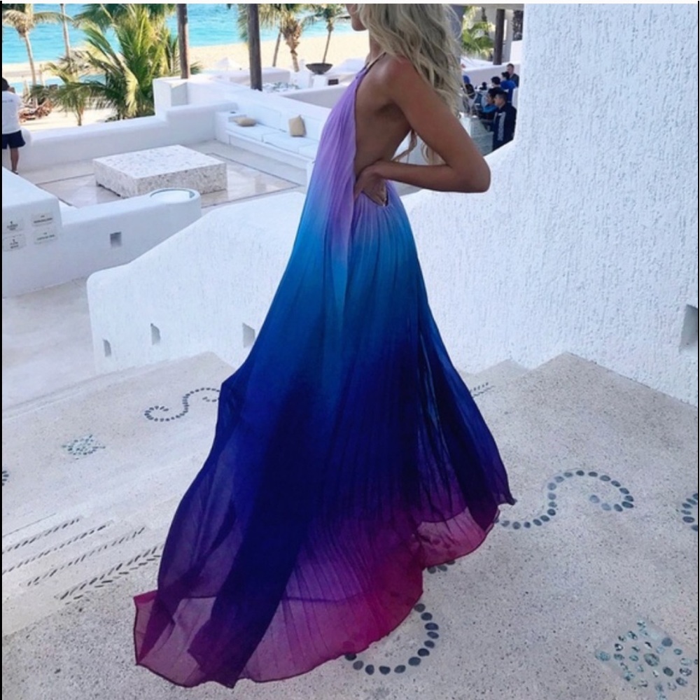 L'ATISTE Ombre Gradient Pleated Halter Maxi Dress